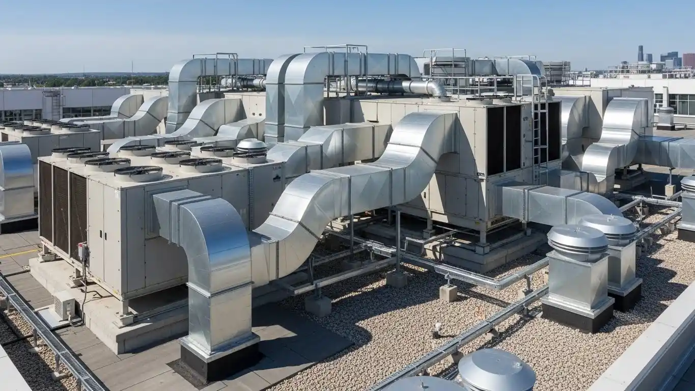 نقشه کلی اجزای سیستم HVAC شامل کمپرسور، مبدل تبادل حرارتی، فنکولر و کنترلرهای هوشمند