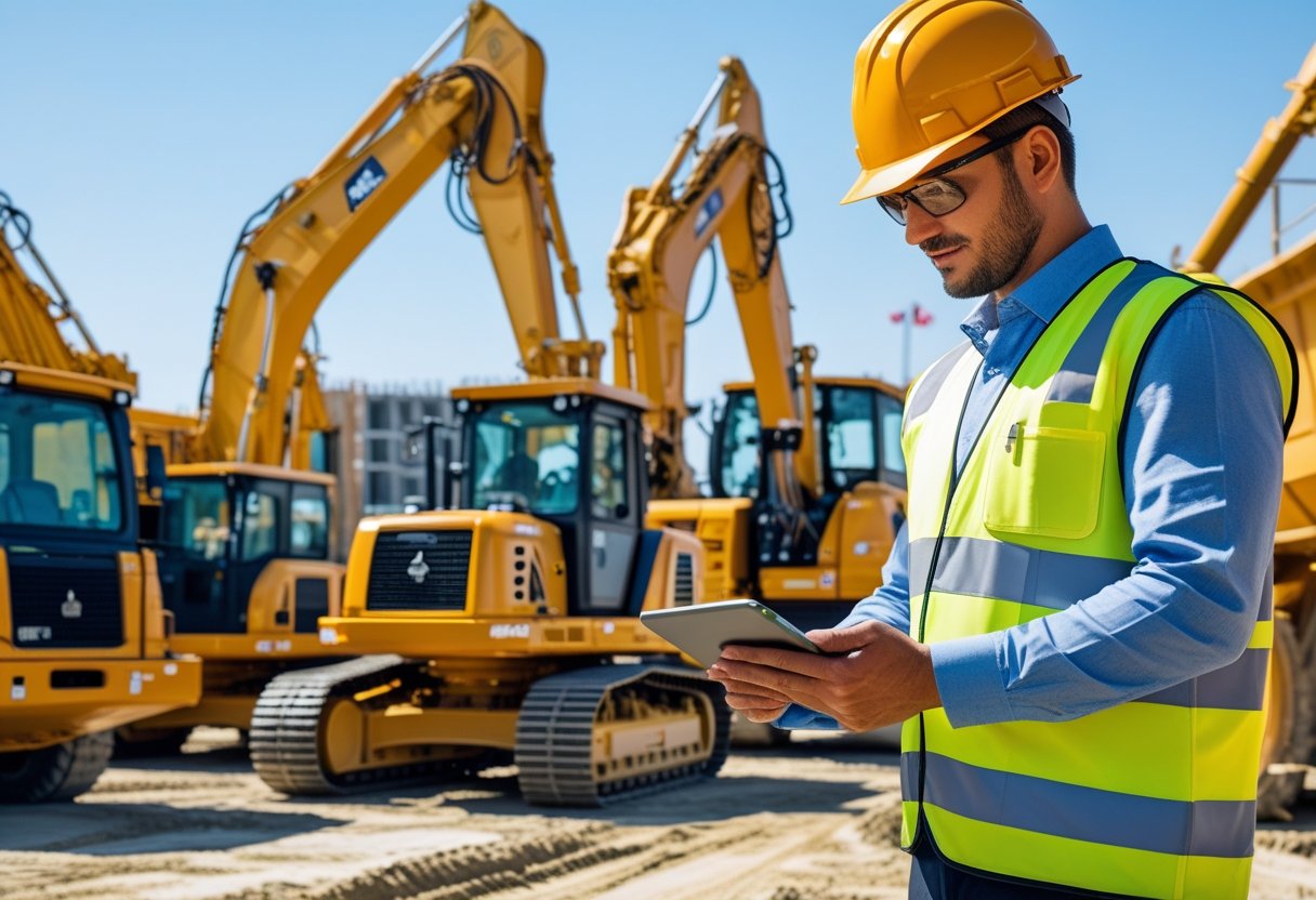 ماشین‌آلات سنگین در یک سایت ساختمانی با نمایش داده‌های ردیابی GPS و وضعیت فنی