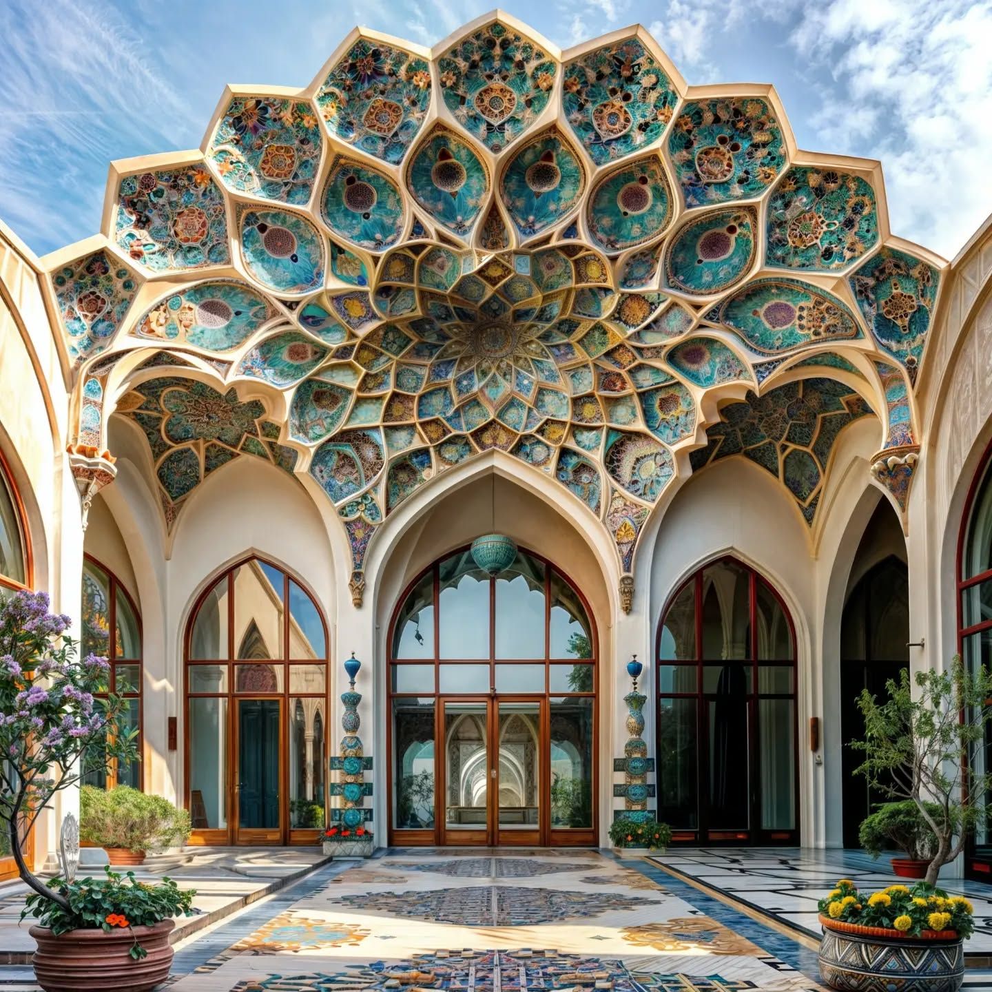 نمایی از معماری سنتی ایرانی با گنبدهای تزئینی و ایوانهای بزرگ