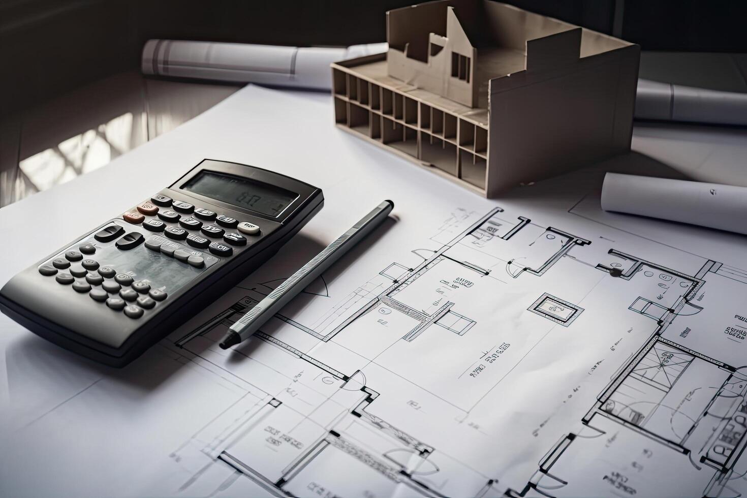 نقشههای معماری و محاسبهگر بر روی میز، نمایی از مهندسی محاسبات ساختمان