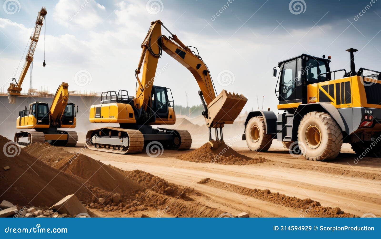 بیل‌ماشین و کامیون سنگین در حال کار در یک سایت ساختمانی