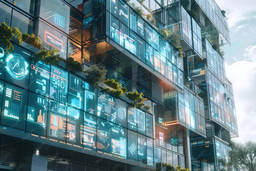 ساختمان هوشمند اداری با صفحه‌نمایش دیجیتال و نماهای خودتمیزشونده