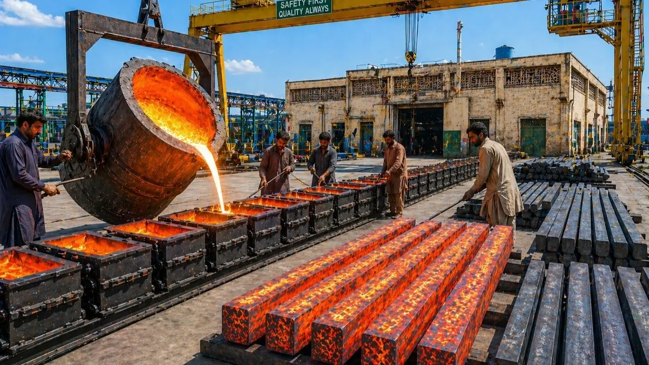 فرآیند تولید فولاد در یک کارخانه صنعتی با استفاده از کوره‌های ذوب و تجهیزات پیشرفته